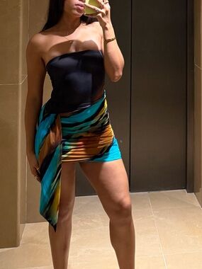 MURCI Strapless Black Mini Dress with Turquoise & Amber Wrap